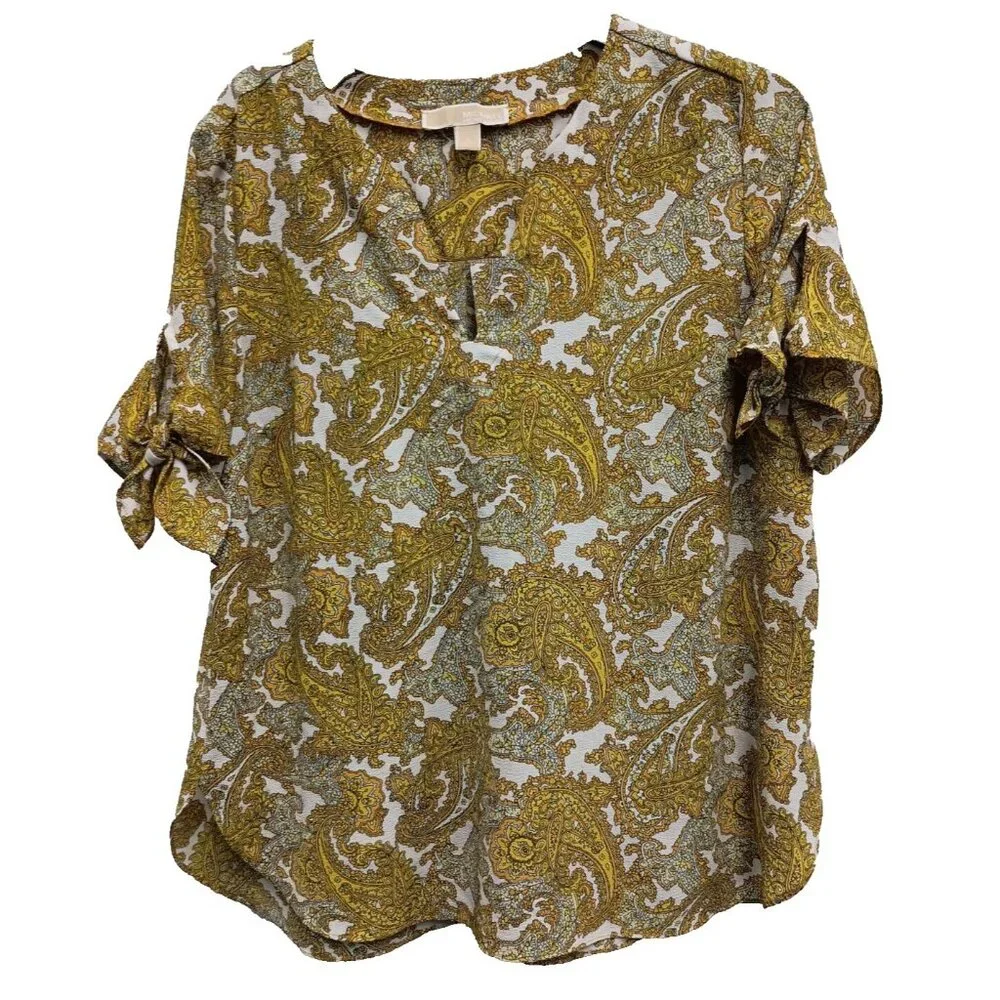 Michael Michael Kors Womens Blouse Top Large Yellow Paisley‎ Tie Sleeve BOHO